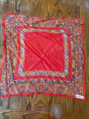 Vintage Colorful Jacques Rouleau Paris Silk Scarf With Red & Paisley Design – 22